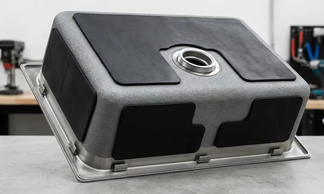 Underside of a premium stainless steel sink showing thick rubber sound dampening pads and anti-condensation coating.