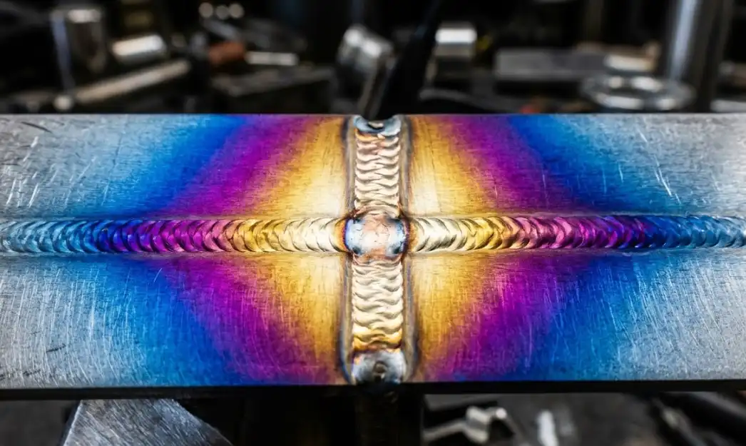 A close-up of a stainless steel weld showing the rainbow spectrum of heat tint colors, from light straw to dark blue, indicating oxidation levels.