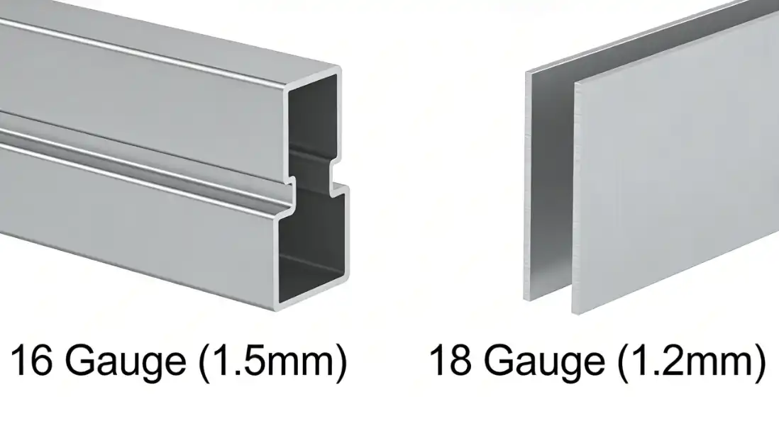 A clean, educational 3D cross-section diagram comparing the thickness of two pieces of stainless steel sheet metal. The left piece is labeled '16 Gauge (1.5mm)' and is visibly thicker. The right piece is labeled '18 Gauge (1.2mm)'. Minimalist industrial style.
