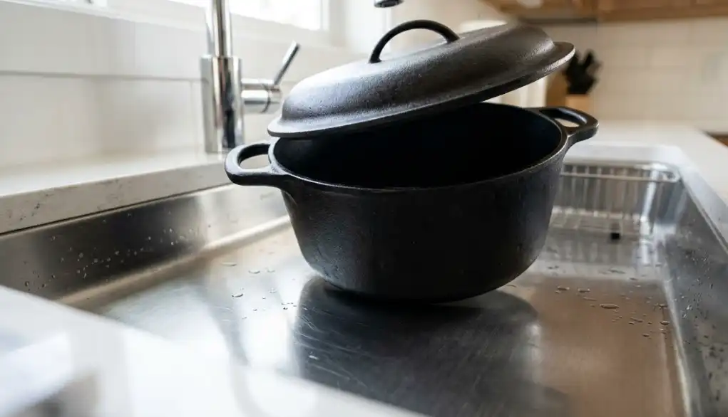 A close-up, high-quality photograph of a heavy cast-iron pot being placed into a gleaming, thick (16 gauge) stainless steel kitchen sink. The sink surface remains perfectly flat and dent-free, demonstrating robustness. Clean modern kitchen aesthetic.