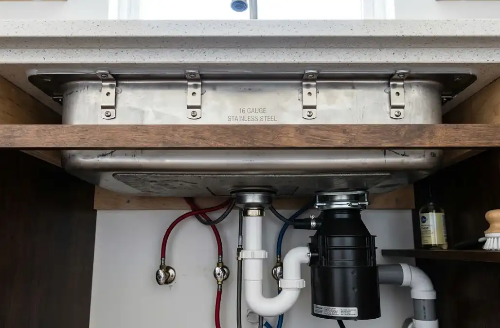A professional home improvement photograph showing from underneath a kitchen cabinet. A sturdy, heavy-duty 16 gauge stainless steel undermount sink is securely fastened to a quartz countertop using strong metal mounting clips. Clean plumbing work.