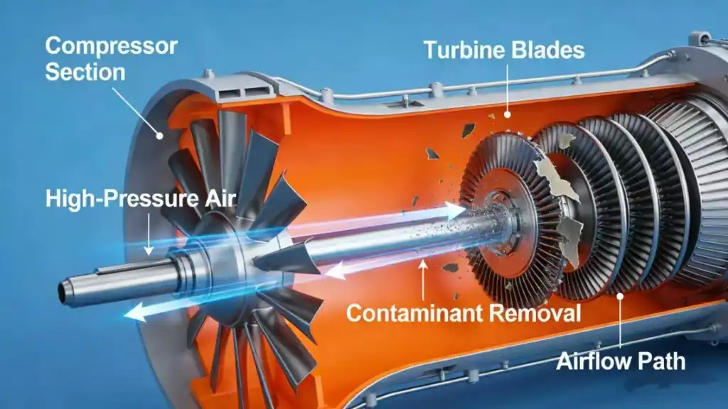 An annotated diagram showing internal jet engine parts like the compressor and turbine being cleaned for optimal airflow.