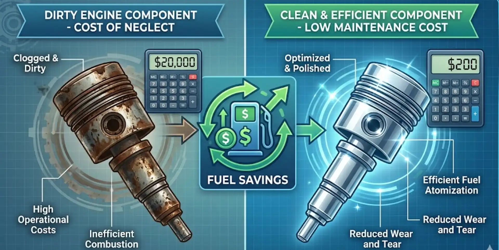 A visual comparison showing high repair costs for neglected engines versus low costs and fuel savings for maintained engines.