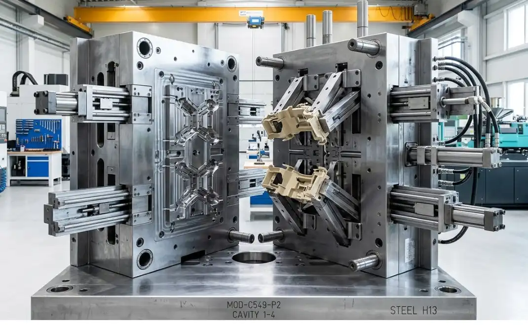 A complex injection mold featuring multiple side actions, lifters, and intricate mechanisms that impact mold longevity.