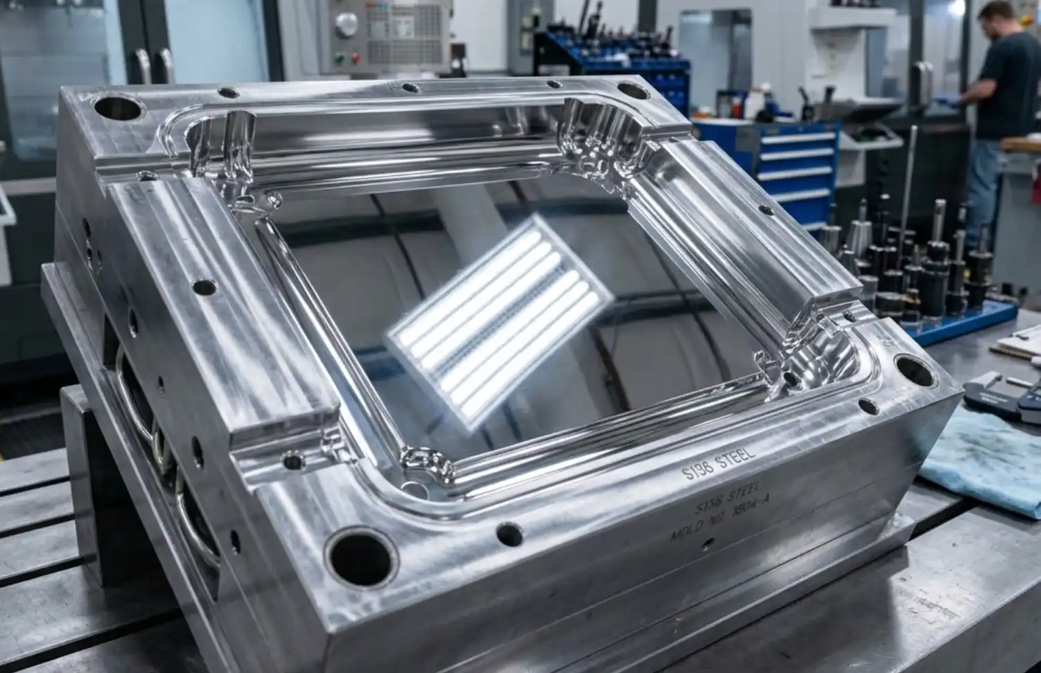 High-precision S136 stainless steel injection mold cavity polished to a flawless SPI A-1 mirror finish, demonstrating superior polishability.