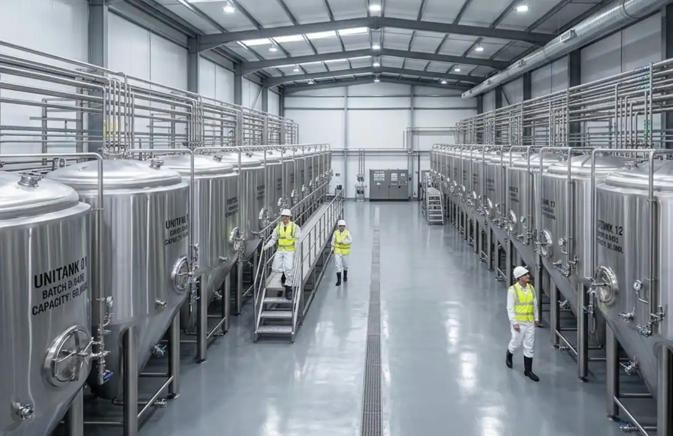 A wide-angle, extremely clean photograph of a modern commercial brewery or food processing plant. Massive, gleaming 304 stainless steel fermentation tanks and hygienic piping are the main focus. Sterile, bright industrial aesthetic.