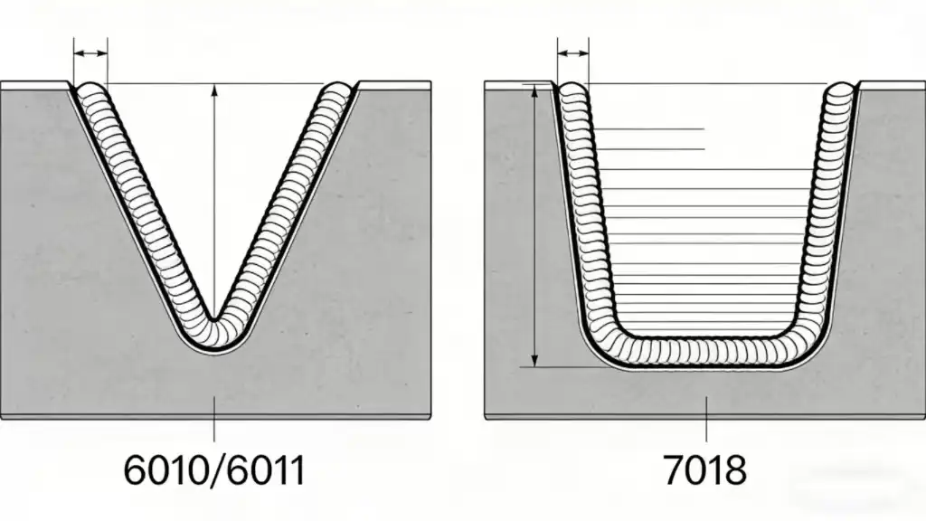 A clean, technical cross-section diagram comparing two weld beads on steel plates. The left side shows a '6010/6011' weld with a deep, narrow, V-shaped penetration profile. The right side shows a '7018' weld with a shallower, wider, U-shaped penetration profile. Engineering textbook style.