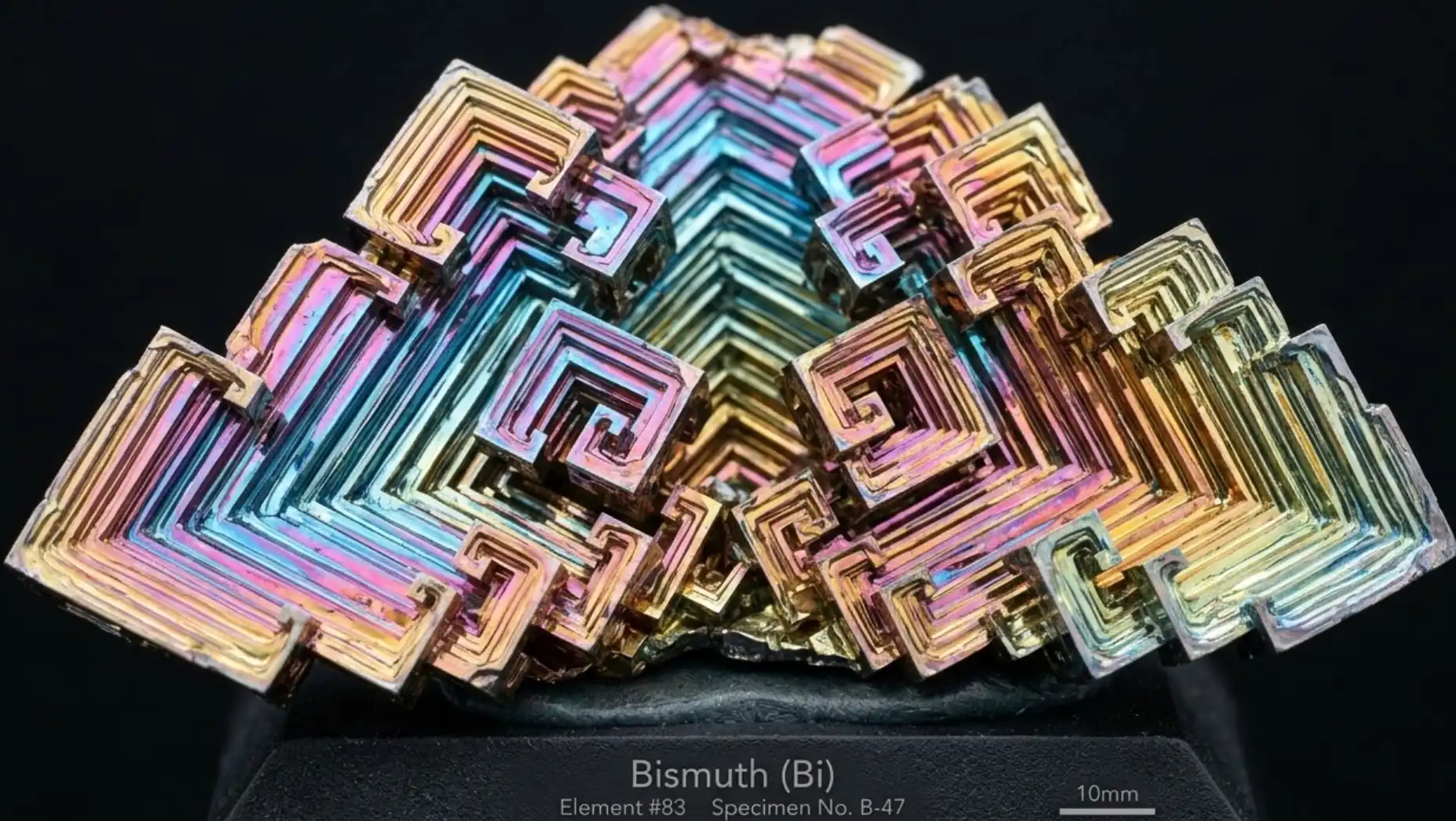 A high-quality macro photograph of a beautiful, iridescent Bismuth crystal hopper. The crystal displays geometric, stair-step structures with vibrant metallic colors of pink, gold, blue, and green against a clean dark background. Scientific aesthetic.