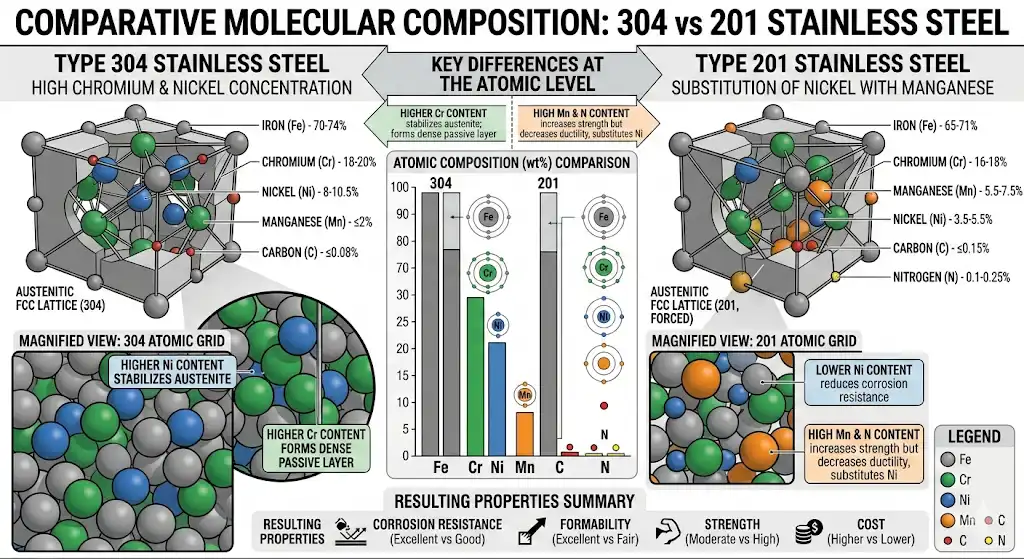 A clean, educational infographic or 3D render comparing the molecular composition of 304 and 201 stainless steel. It highlights the higher concentration of Chromium and Nickel atoms in the 304 structure compared to the 201 structure. Engineering textbook style.