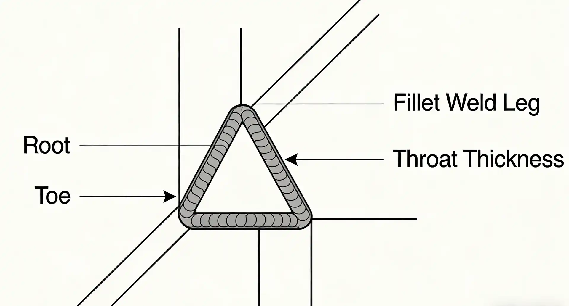 A clean, technical cross-section diagram of a Fillet Weld. The diagram clearly labels the 'Root', 'Toe', 'Fillet Weld Leg', and 'Throat Thickness' using arrows and lines on a triangular weld bead joining two perpendicular steel plates. Engineering educational style.