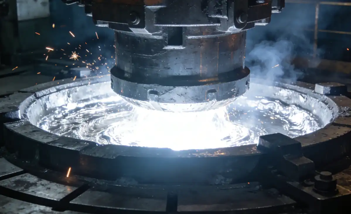 A dramatic industrial photograph showing a massive steel component being lowered into a glowing, bright silver bath of molten zinc in a factory setting. Sparks and smoke are slightly visible. High-tech manufacturing aesthetic.