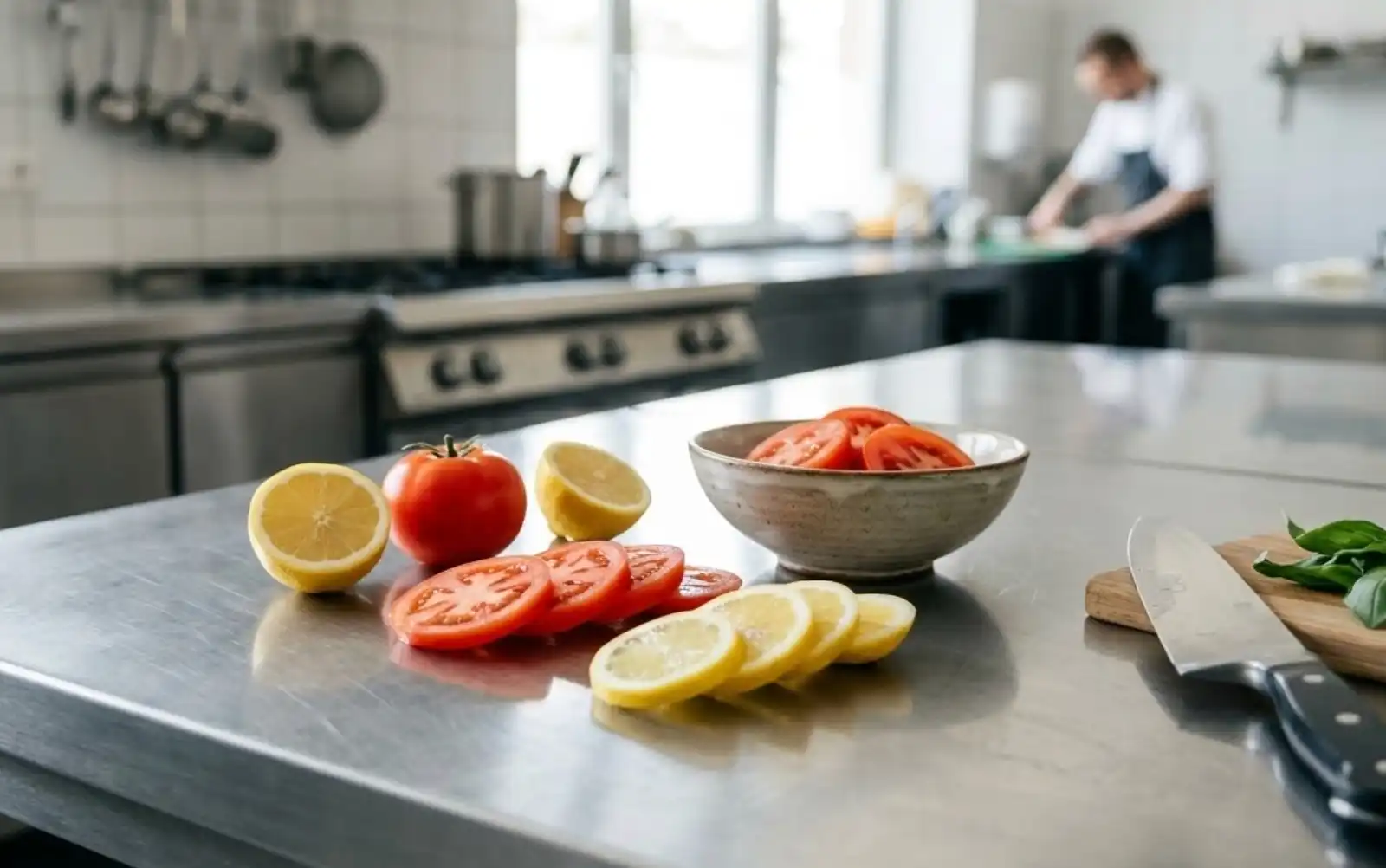 A bright, high-quality culinary photograph. Freshly sliced acidic foods like bright red tomatoes and yellow lemons are resting on a spotless, shiny stainless steel preparation table in a commercial kitchen. No stains or reactions are visible on the metal.