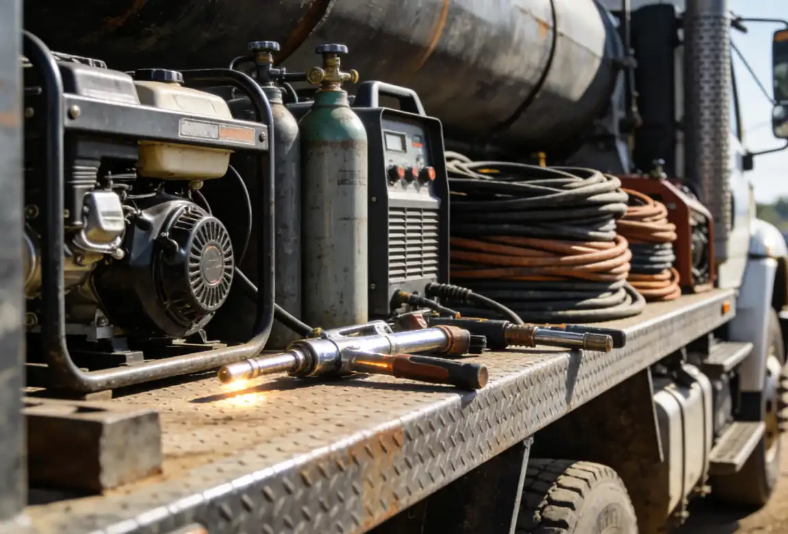 A professional photograph of a fully equipped, heavy-duty pipeline welding truck (rig welder truck) parked at a job site. The truck bed is loaded with engine-driven welding machines, gas cylinders, and neatly coiled cables. Sunlight reflecting off the shiny metal tools. Industrial and rugged aesthetic.