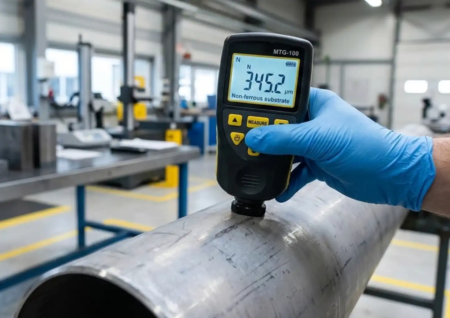 A professional industrial photograph showing a worker's hand holding a digital magnetic thickness gauge. The probe of the gauge is pressed against a steel pipe, and the digital screen displays a micrometer reading. Clean manufacturing or quality control environment.