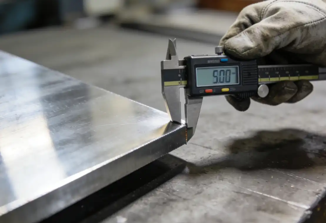 A high-quality close-up photograph of a worker's hand using a digital caliper to precisely measure the edge thickness of a shiny stainless steel plate. The digital screen on the caliper is clearly visible. Industrial quality control aesthetic.