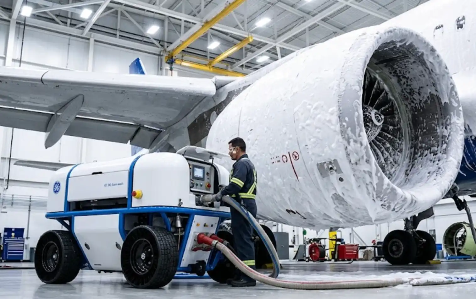 An aircraft engine completely covered in thick cleaning foam during a 360 foam wash process.