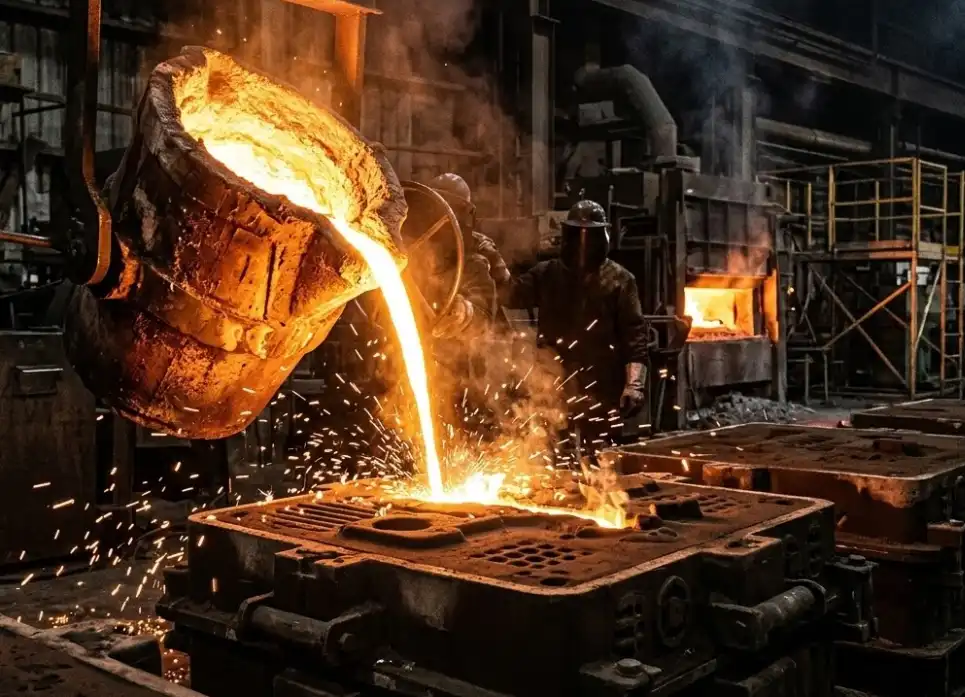 A dramatic, high-contrast industrial photo of glowing, liquid molten steel being poured from a refractory crucible into a sand mold in a foundry. Bright orange and yellow liquid metal, with a few sparks, conveying the concept of 'superheat' above the melting point.