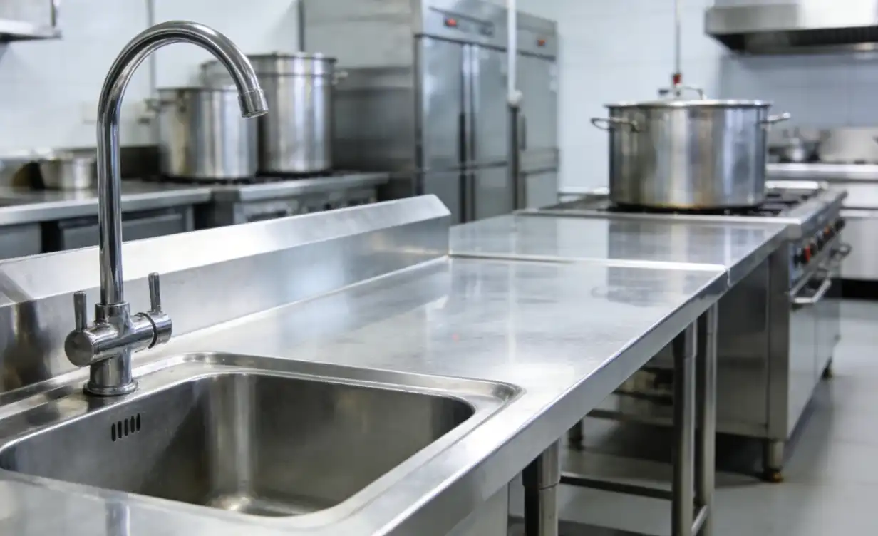 A pristine, high-quality photograph of a commercial kitchen or food processing facility. The shiny, spotless stainless steel preparation tables, tanks, and sinks are prominently featured, demonstrating the hygienic and rust-resistant qualities of 304 stainless steel. Bright, sterile lighting.