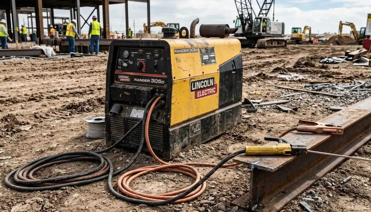 A heavy-duty portable welding generator sitting on a dirt construction site, connected to thick industrial extension cords, with a welding stinger and ground clamp resting on a piece of metal nearby, realistic outdoor work environment.