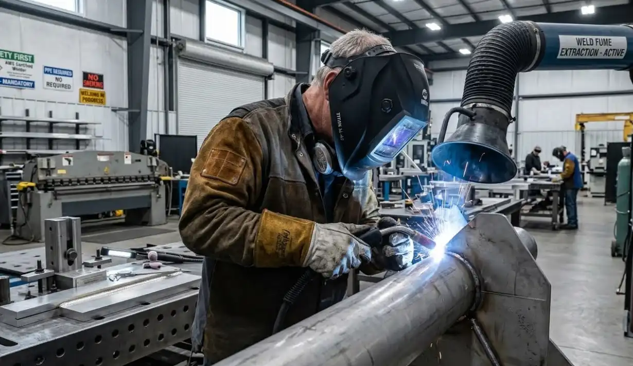 A professional industrial photograph of a welder wearing proper Personal Protective Equipment (PPE). The welder is wearing an auto-darkening welding helmet, heavy-duty leather welding gloves, and a fire-resistant jacket, working safely in a well-ventilated workshop.