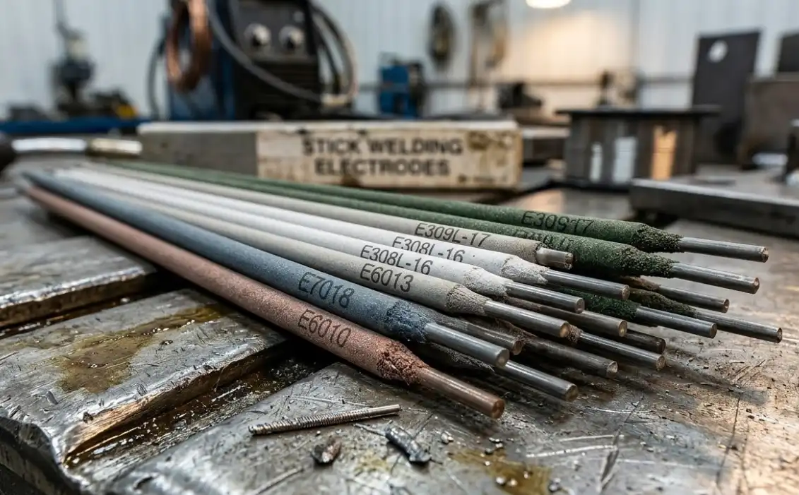 A close-up, high-quality photograph showing a bundle of various SMAW welding electrodes (stick welding rods) resting on a metal workbench. The image highlights the distinct texture and color of the flux coatings on the metal wire cores.