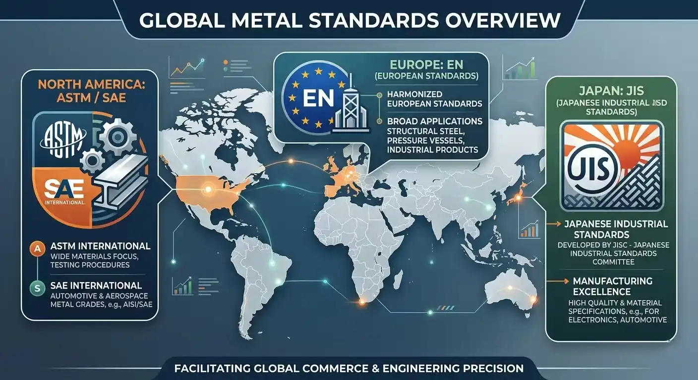A clean, professional infographic illustrating global metal standards. The graphic features a world map background with distinct icons and text labels for 'ASTM / SAE' (North America), 'EN' (Europe), and 'JIS' (Japan). Corporate engineering presentation style.