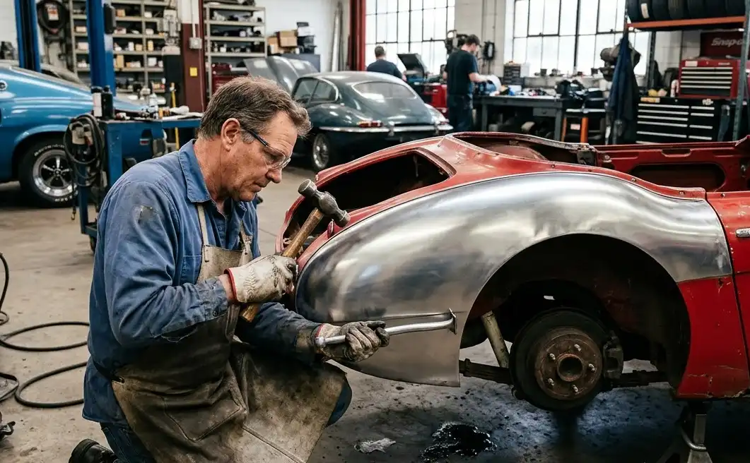A high-quality photograph of a mechanic shaping a shiny new piece of sheet metal to repair a classic car's fender. The metal is smooth and slightly curved, demonstrating its workability. Automotive restoration shop setting.