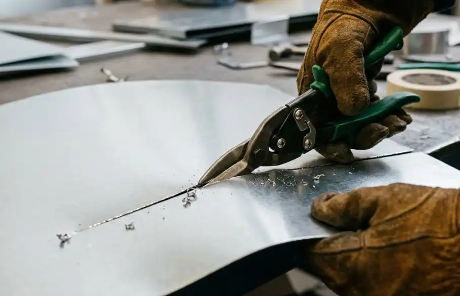 A close-up action shot of a worker wearing heavy-duty leather safety gloves using a pair of aviation snips (tin snips) to smoothly cut a straight line through a piece of bright 20-gauge sheet metal. Industrial DIY aesthetic.