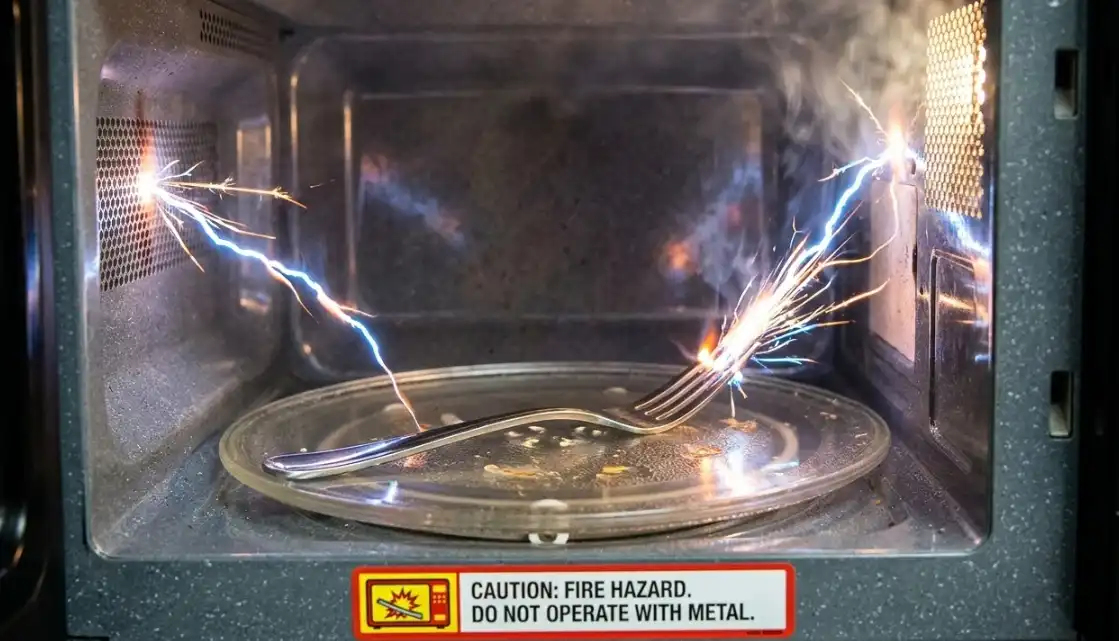 A dramatic, high-quality photograph of the inside of a microwave oven. A metal fork is sitting on a glass plate, and bright blue and orange electrical sparks (arcing) are actively shooting off the tines of the fork. Warning/danger aesthetic.