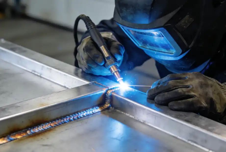A professional industrial photograph of a skilled welder performing precise TIG welding on an aluminum or stainless steel sheet metal joint. Bright blue arc light, visible welding bead, worker wearing a dark welding helmet and protective gloves.