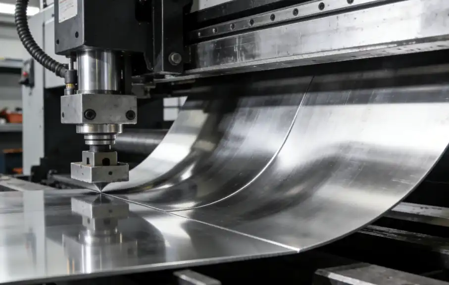 A professional industrial photograph of a heavy-duty press brake machine cold bending a thick sheet of shiny 304 stainless steel in a manufacturing shop. Clean, modern metal fabrication aesthetic.