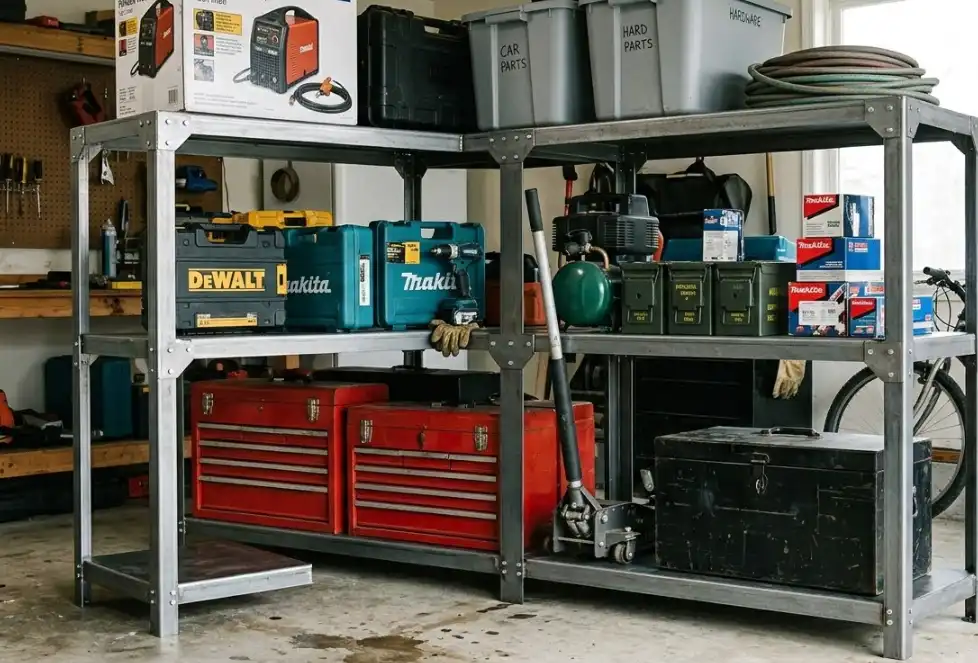 A well-lit photograph of a sturdy, custom-built garage shelving unit made from unpainted 18-gauge steel sheet metal. The shelves are loaded with heavy toolboxes and equipment, demonstrating the material's strength. Home workshop aesthetic.