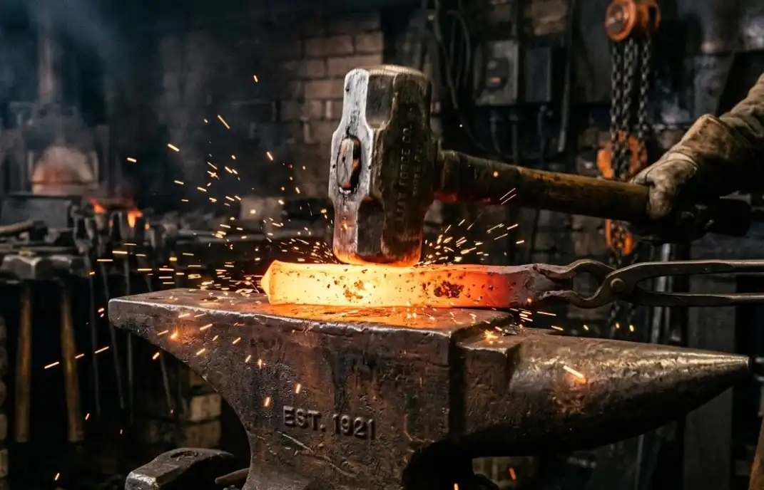 A high-quality, realistic photo of glowing, red-hot steel being shaped on an industrial anvil by a forging hammer. The steel should be brightly glowing in the 1800-2000°F range, illuminating the dark forge background. Sharp focus on the hot metal and hammer, with faint sparks.