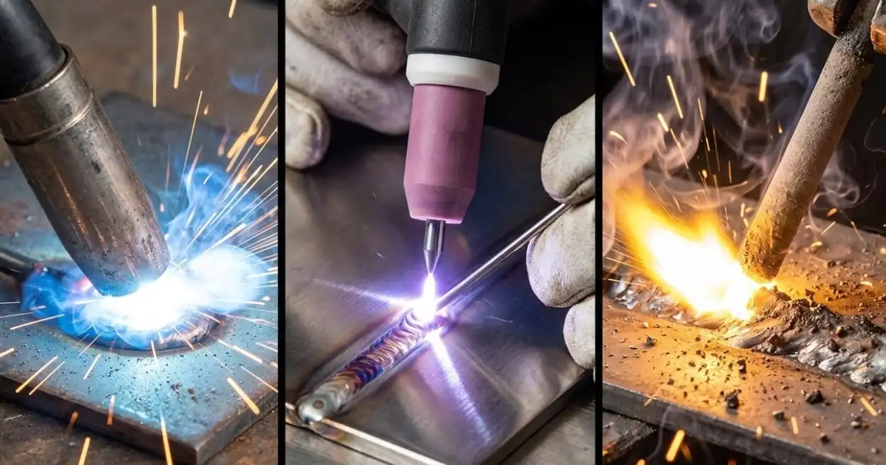 A highly detailed split-screen macro photography showing three different welding processes side-by-side: MIG welding with a wire feed, TIG welding with a tungsten electrode and filler rod on stainless steel, and Stick (SMAW) welding with a flux-coated electrode, glowing arcs and sparks, realistic.