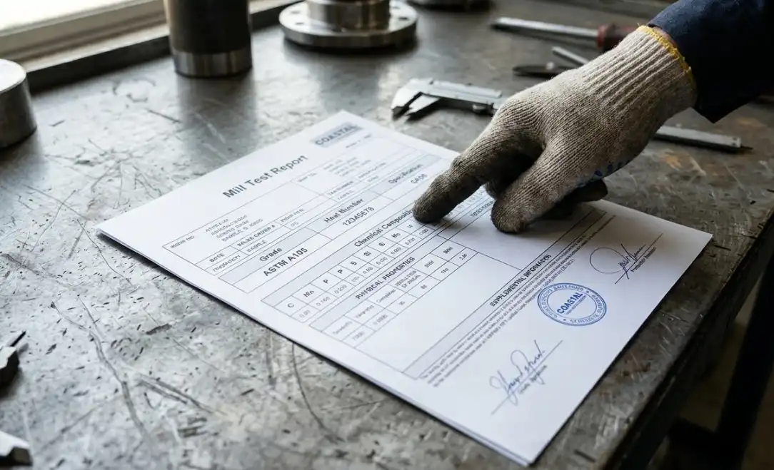 A high-quality close-up photograph of a printed Mill Test Report (MTR) document resting on a metal workbench. A worker's finger or a pen is pointing to the sections labeled 'Grade', 'Heat Number', and 'Chemical Composition'. Industrial quality control context.