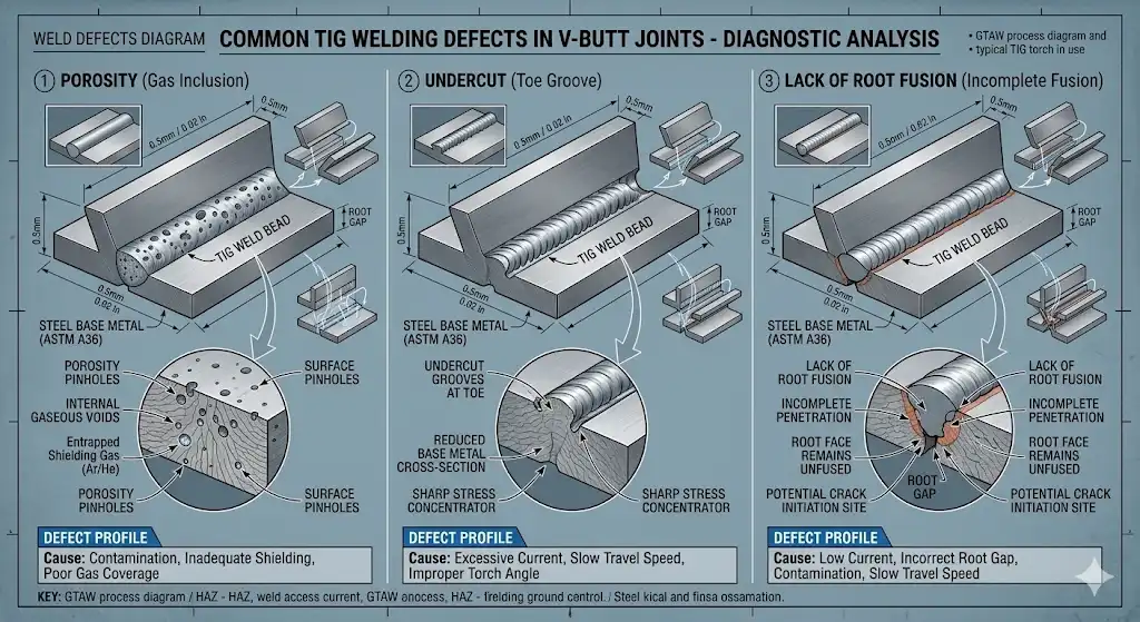 A highly detailed 3D technical diagram illustrating common TIG welding defects side-by-side on a steel joint, specifically showing porosity pinholes, undercut grooves at the toe, and lack of root fusion, with clear cross-section views, engineering illustration style.