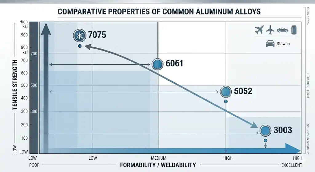 A clean, modern infographic chart plotting common aluminum alloys (6061, 5052, 3003, 7075) on a matrix comparing "Tensile Strength" on the y-axis and "Formability/Weldability" on the x-axis, using industrial blue and silver color tones, engineering textbook style.