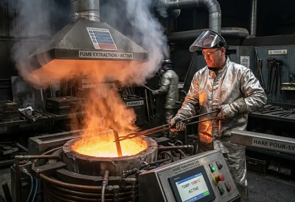 A foundry worker dressed in full heat-resistant protective gear, including a silver aluminized suit, thick gloves, and a face shield over safety glasses. The worker is standing near a melting furnace with a strong industrial exhaust hood actively pulling fumes away from the molten metal.
