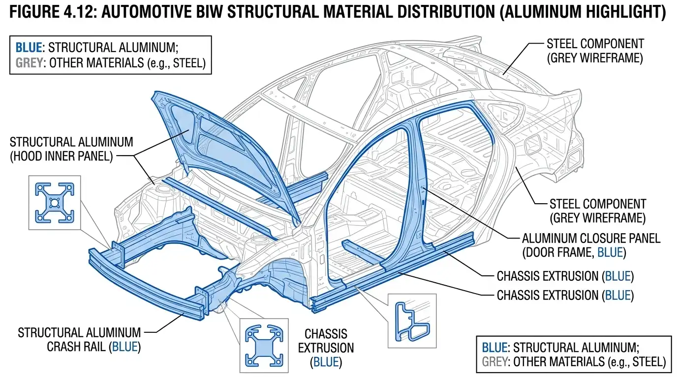 A clean, technical wireframe diagram of an automotive body-in-white (BIW) highlighting structural aluminum components in blue, such as crash rails, chassis extrusions, and closure panels. Engineering textbook style, white background.
