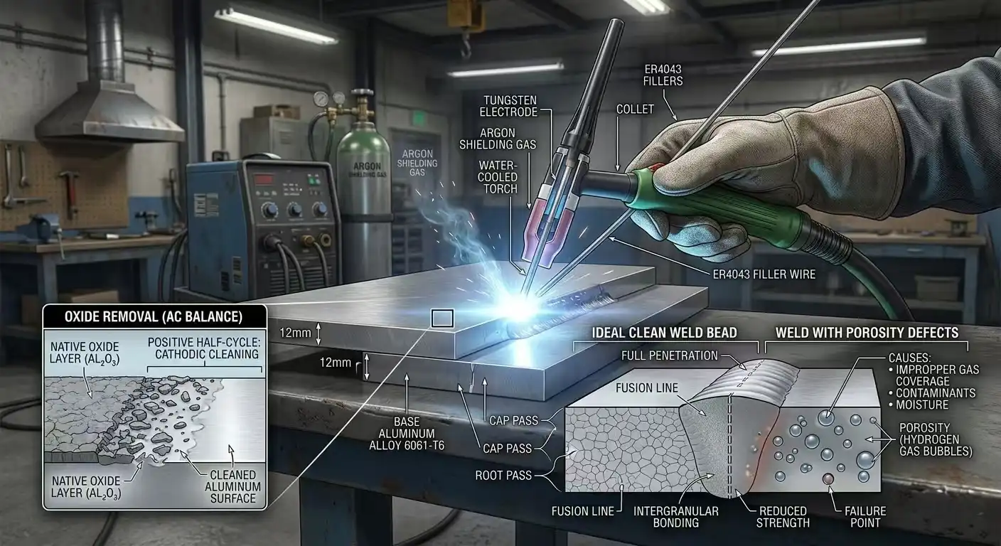 A detailed 3D technical illustration showing the TIG welding process on a thick aluminum joint. The diagram highlights the bright welding arc, the removal of the surface oxide layer, and a cross-section showing a clean weld bead versus one with porosity defects, realistic industrial rendering.