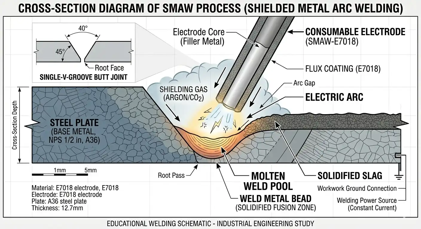 A clean, educational cross-section diagram illustrating the Shielded Metal Arc Welding (SMAW) process. It clearly labels the consumable electrode, flux coating, shielding gas, electric arc, molten weld pool, and solidified slag on a metal workpiece. Engineering textbook style.