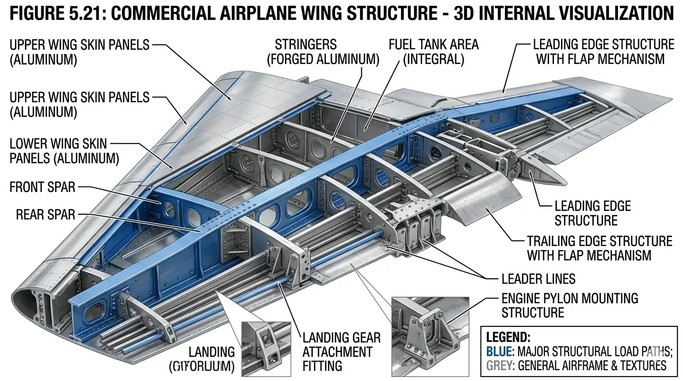 A highly detailed 3D cross-section illustration of a commercial airplane wing structure, showing the internal aluminum ribs, spars, and outer skin panels. Industrial engineering visualization, sharp focus, metallic textures.