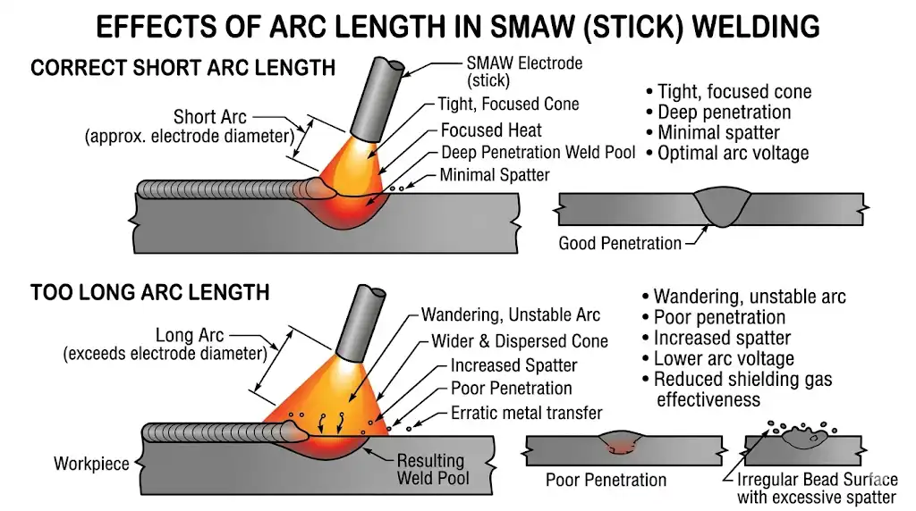 A clean technical diagram comparing correct short arc length versus too long arc length in SMAW (stick) welding. The diagram illustrates how a long arc causes increased spatter, wandering arc, and poor penetration, while the short arc shows a tight, focused cone. Engineering textbook style.