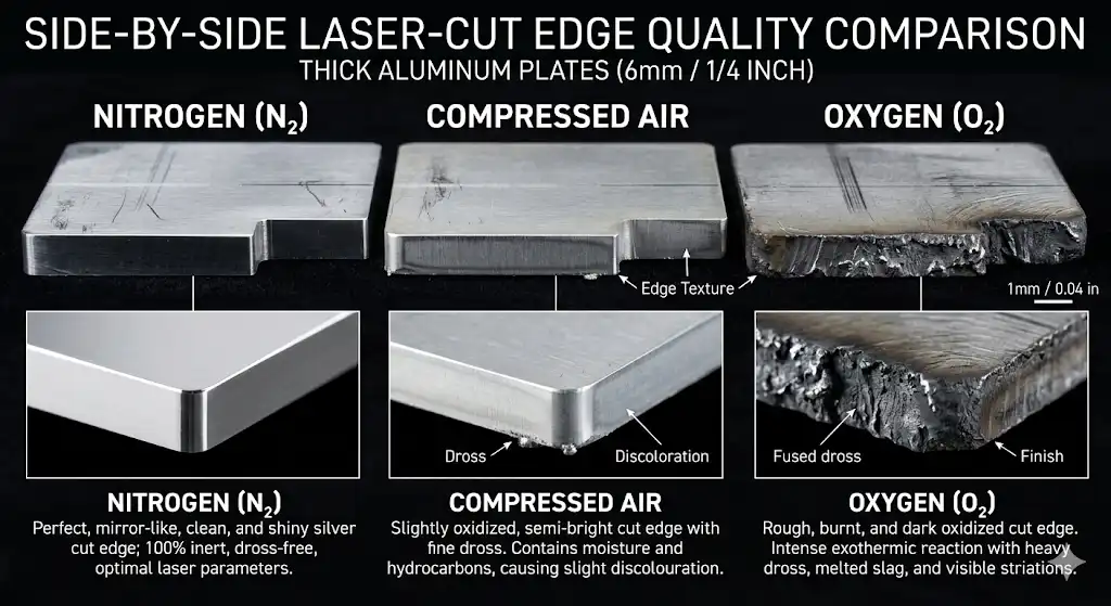 A macro photography close-up comparing three laser-cut edges on thick aluminum plates side-by-side: one perfectly clean and shiny edge cut with nitrogen, one slightly oxidized edge cut with compressed air, and one rough burnt edge cut with oxygen, technical comparison style.