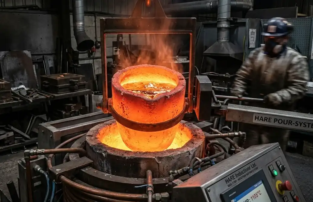A professional industrial photograph showing a bright orange glowing clay-graphite crucible full of molten copper being heated inside a modern electric induction furnace in a small foundry setting. Sharp focus on the crucible and liquid metal.