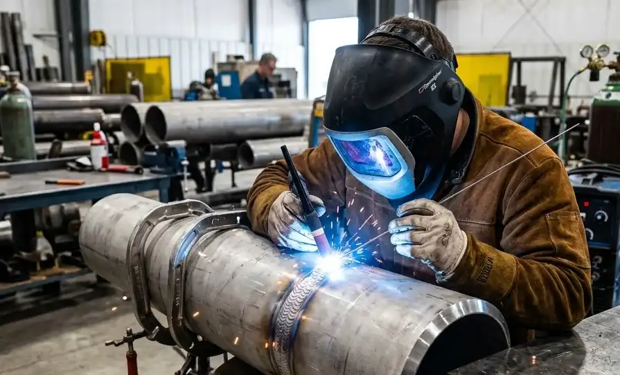 A high-quality industrial photograph of a skilled welder performing TIG welding on a thick stainless steel pipe joint in a clean fabrication shop. Bright blue arc light and sparks visible, worker wearing a dark welding helmet and protective leather gear.
