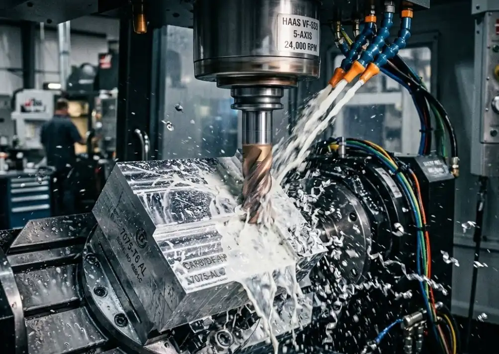 A close-up action shot of a solid carbide end mill actively cutting a block of 7075 aluminum on a modern 5-axis CNC machine. Sharp metallic chips are flying, and high-pressure liquid coolant is spraying on the cutting zone. High-tech manufacturing environment.