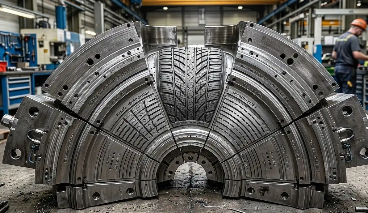 A high-tech segmented tire mold made of precision machined steel, opened up to reveal the complex radial sectors and internal tread patterns, sitting on an industrial factory floor, highly detailed, realistic industrial photography.