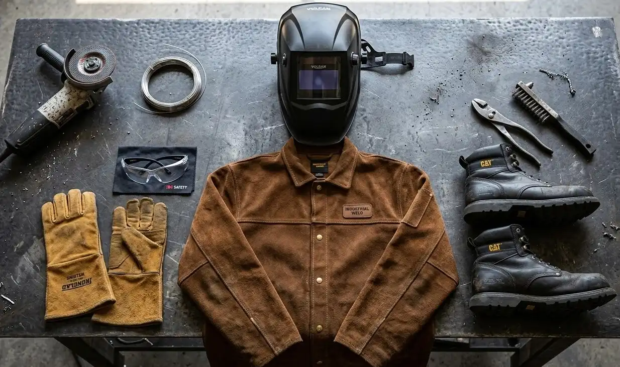 A flat lay photograph of essential welding personal protective equipment (PPE) including a modern auto-darkening welding helmet, heavy-duty leather jacket, thick gauntlet gloves, safety glasses, and steel-toe boots, neatly arranged on an industrial metal table, highly detailed.