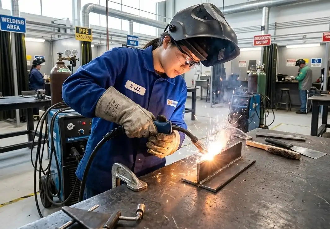 A focused student practicing MIG welding on a steel workbench in a well-lit, clean industrial training shop, bright glowing arc, wearing full safety gear, professional education environment.